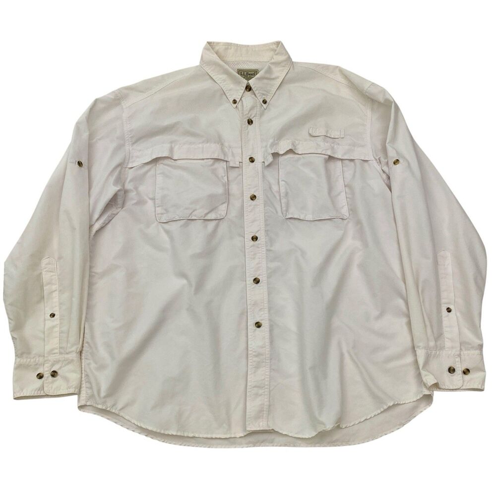 LL Bean Fishing Shirt Vented Button Up Fisherman Mens Large White Outdoor